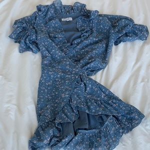 Floral Blue Ruffle Wrap Dress